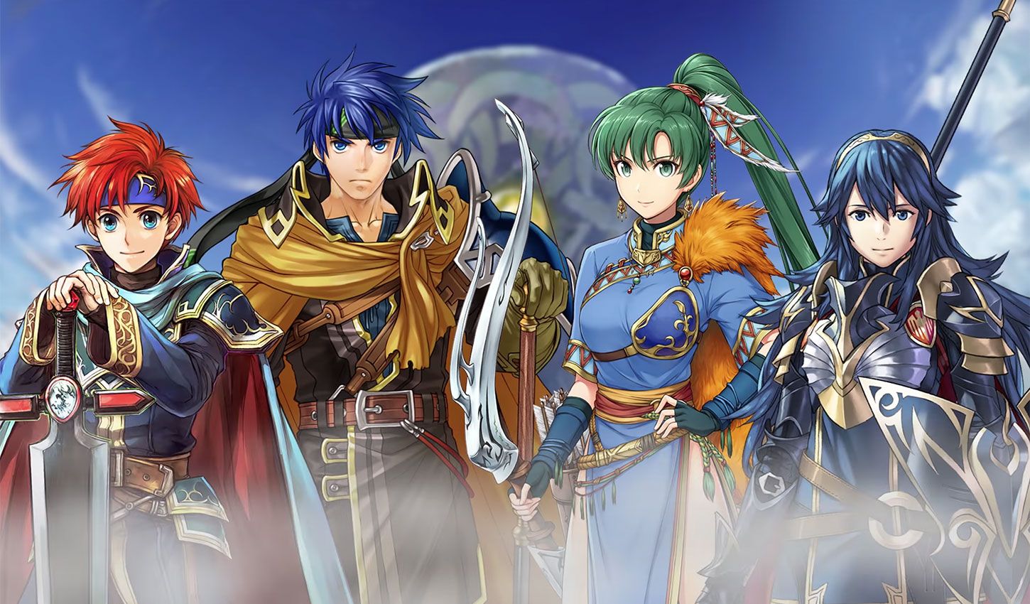 a group of anime characters standing next to each other holding swords and shields in Fire Emblem Heroes